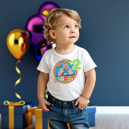 Personalised Mr Tumble birthday T-shirt for boys featuring a custom name and age with a colourful Mr Tumble-inspired design, perfect for birthday parties, cake smash photos, nursery celebrations and special birthday memories.