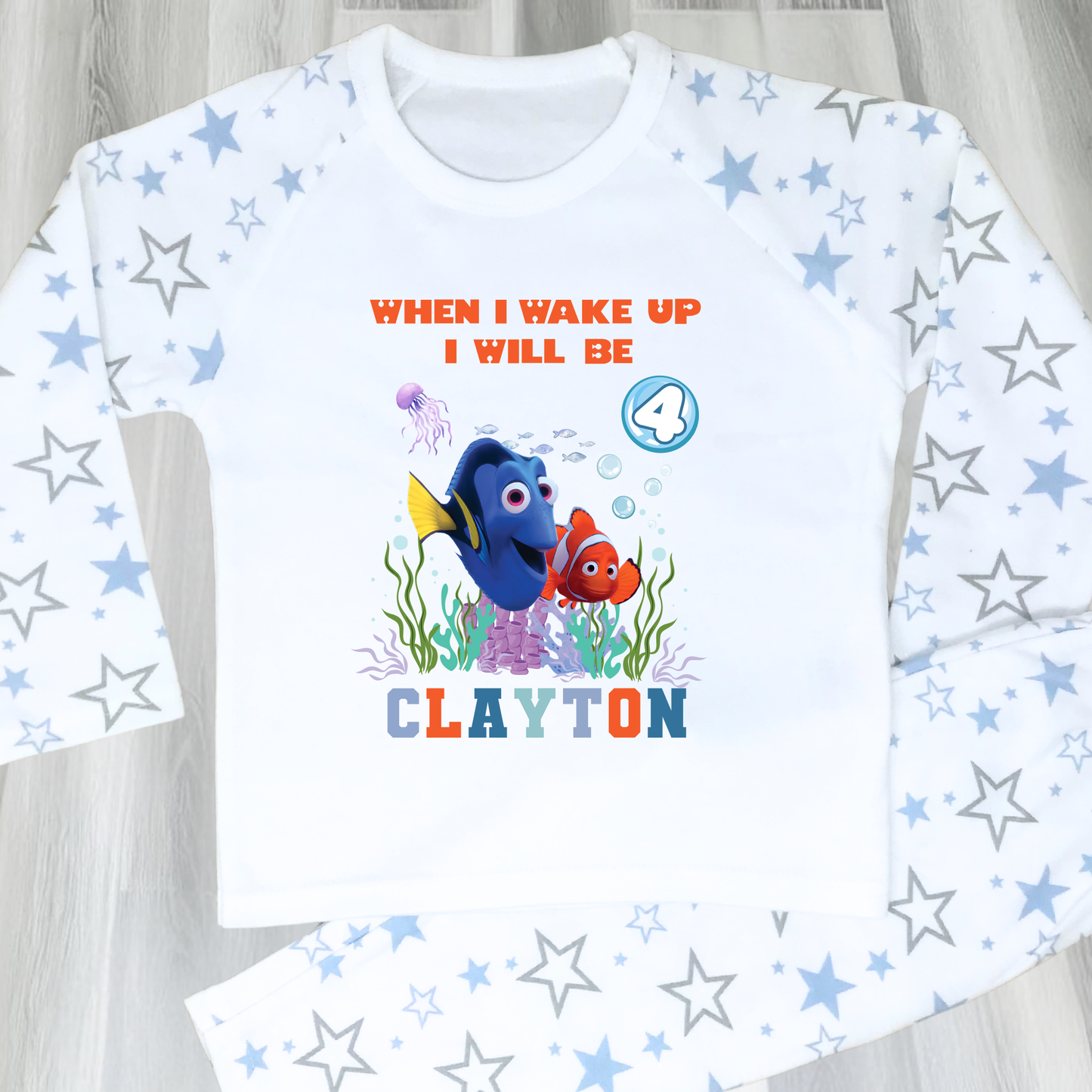 Nemo and Dory birthday pyjamas personalised with under the sea theme for boys