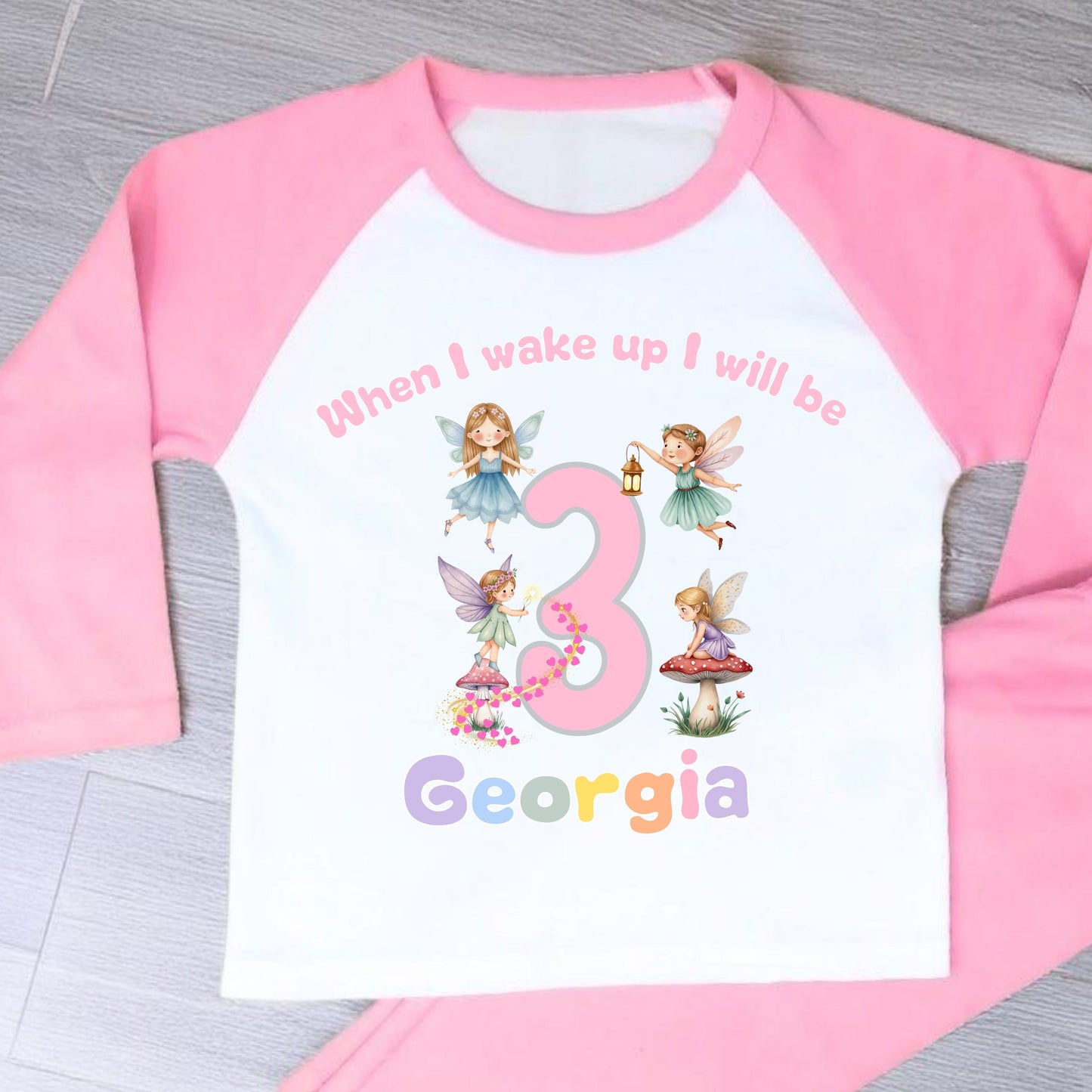 Fairy Garden birthday pyjamas: Adorable Fairy Garden Birthday Pyjamas personalised with age & name. Perfect for girls’ birthday mornings & magical photos. Soft, comfy, & unique.