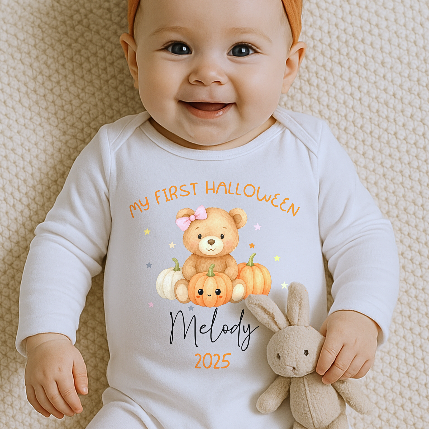 Personalised First Halloween Outfit for baby girl with teddy and pumpkin design, customised with baby name.