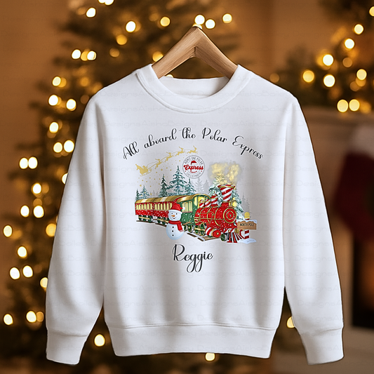 personalised christmas sweatshirt for boys featuring polar express festive design, soft cosy jumper customised with name, perfect Christmas gift outfit, Christmas jumper day