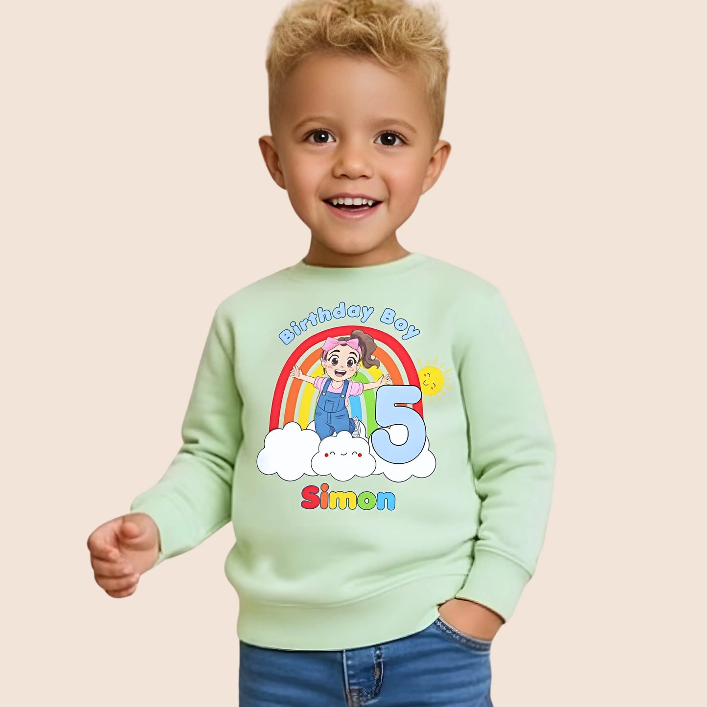 Personalised Ms Rachel birthday boy sweatshirt with rainbow, age number and child’s name