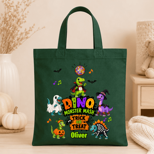 Personalised Halloween Bag with child's name, colourful Halloween dinosaurs and trick or treat design, available in green, pink and white.