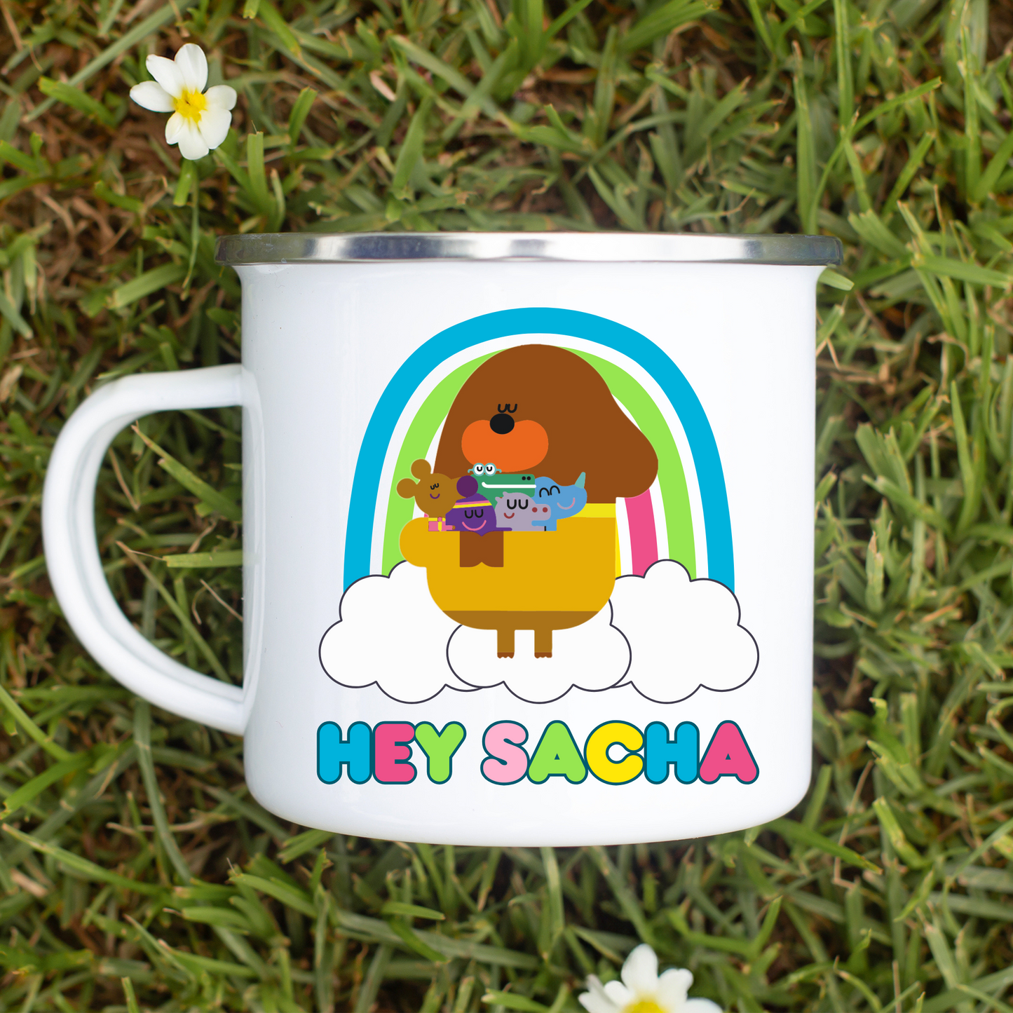 Hey Duggee Enamel Mug: Two white kid cups with a Hey Duggee design and personalized names on a textured surface. Perfect for a toddler birthday gift, christmas gift