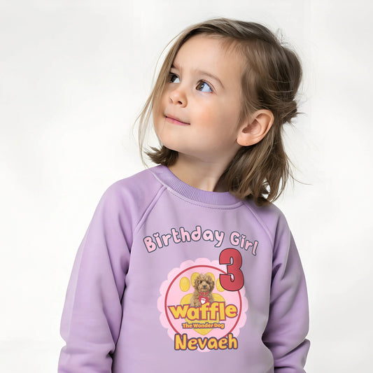 Personalised girls waffle birthday sweatshirt with custom name and age.