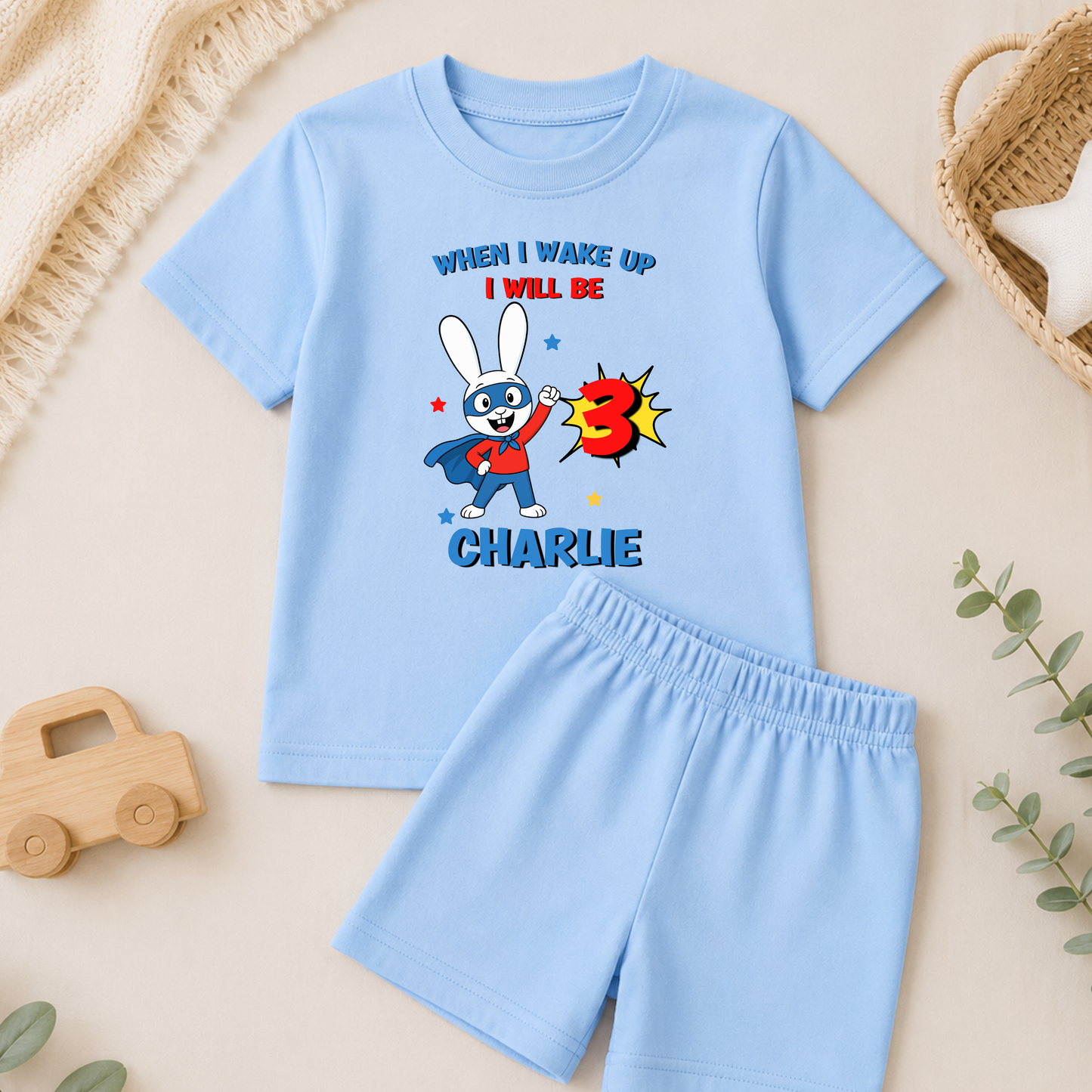 Personalised Super Simon Short Birthday Pyjamas for Boys with custom name and age, featuring a colourful character-inspired birthday design.