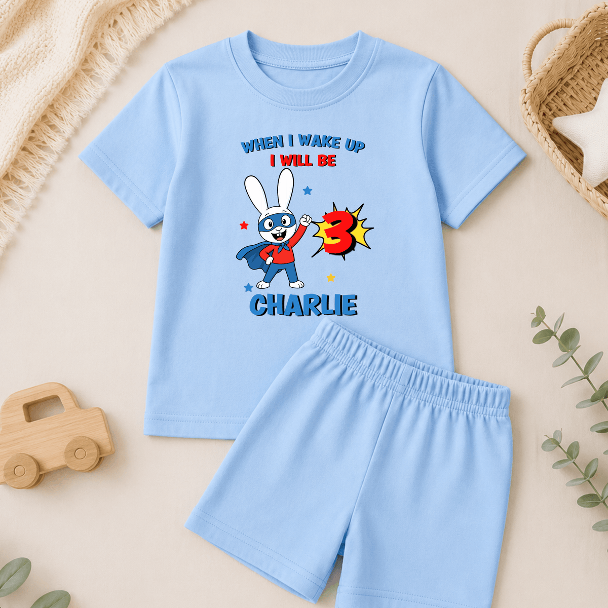 Personalised Super Simon Short Birthday Pyjamas for Boys with custom name and age, featuring a colourful character-inspired birthday design.