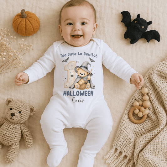 Personalised First Halloween Baby Outfit: Baby’s First Halloween personalised baby boy bodysuit with name, teddy bear witch, bats and first Halloween design.