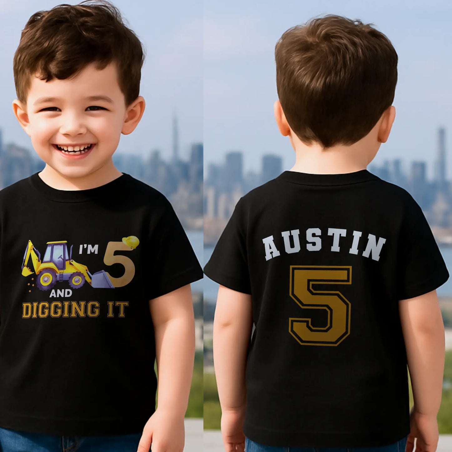 Excavator Digger Birthday T-Shirt: This white t-shirt features a vibrant yellow excavator graphic alongside the playful text “I am digging it,” with customizable age options to celebrate a birthday. The back is personalised with the boy name and age in bold yellow with a black outline. Ideal as a gift for a boy or toddler birthday or a construction-themed party.