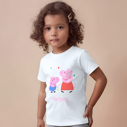 Personalised Peppa and George T-shirt for kids featuring cute character artwork and custom name option.