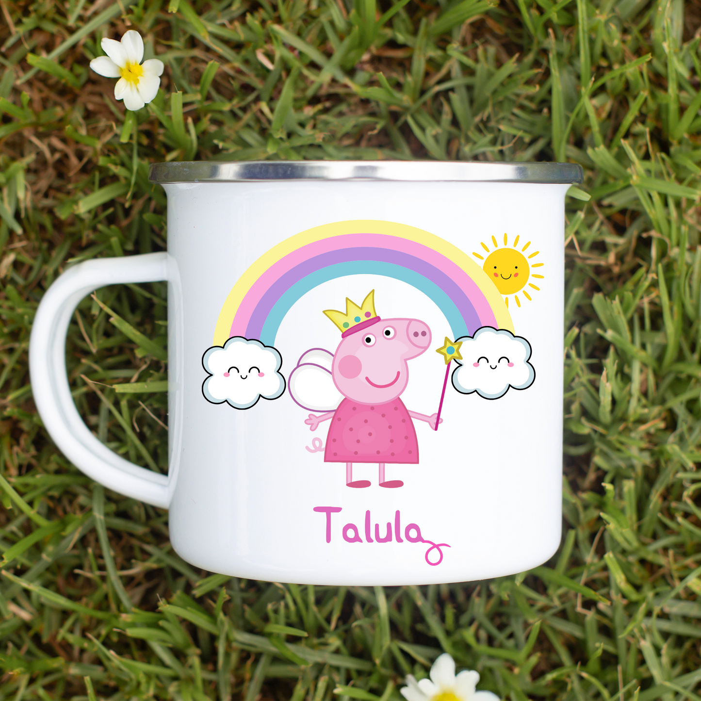 Peppa Pig Enamel Mug: White mug with peppa Pig Character and rainbow design perfect for toddler birthdays, christmas gift or stocking filler