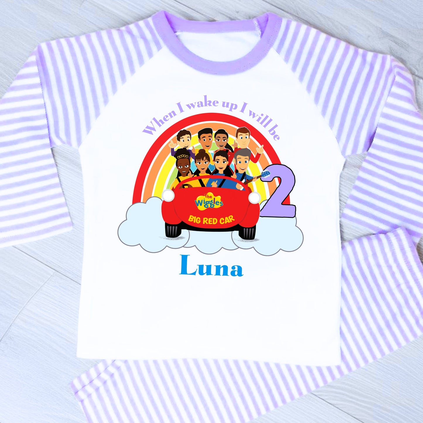 Wiggles birthday pyjamas: Personalised The Wiggles birthday pyjamas for girls with custom name and age, Big Red Car design.