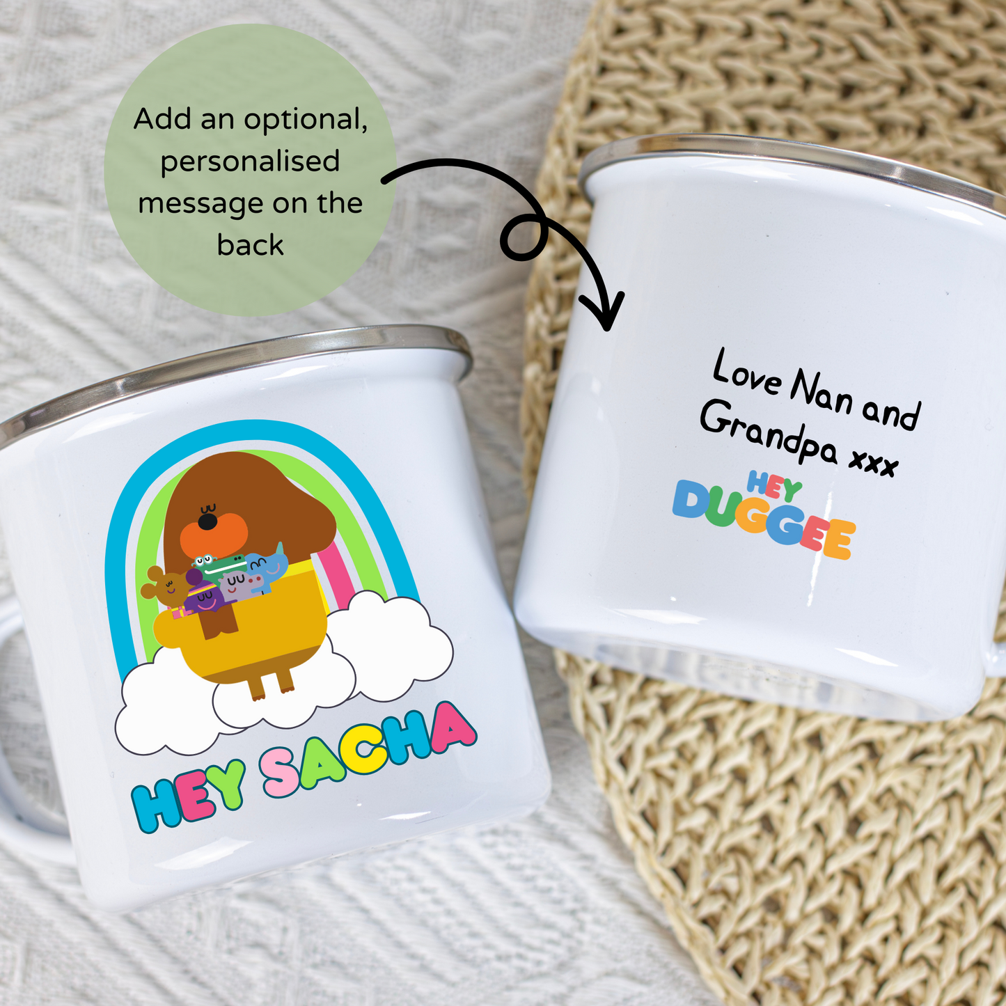 Hey Duggee Enamel Mug: Two white kid cups with a Hey Duggee design and personalized names on a textured surface. Perfect for a toddler birthday gift, christmas gift