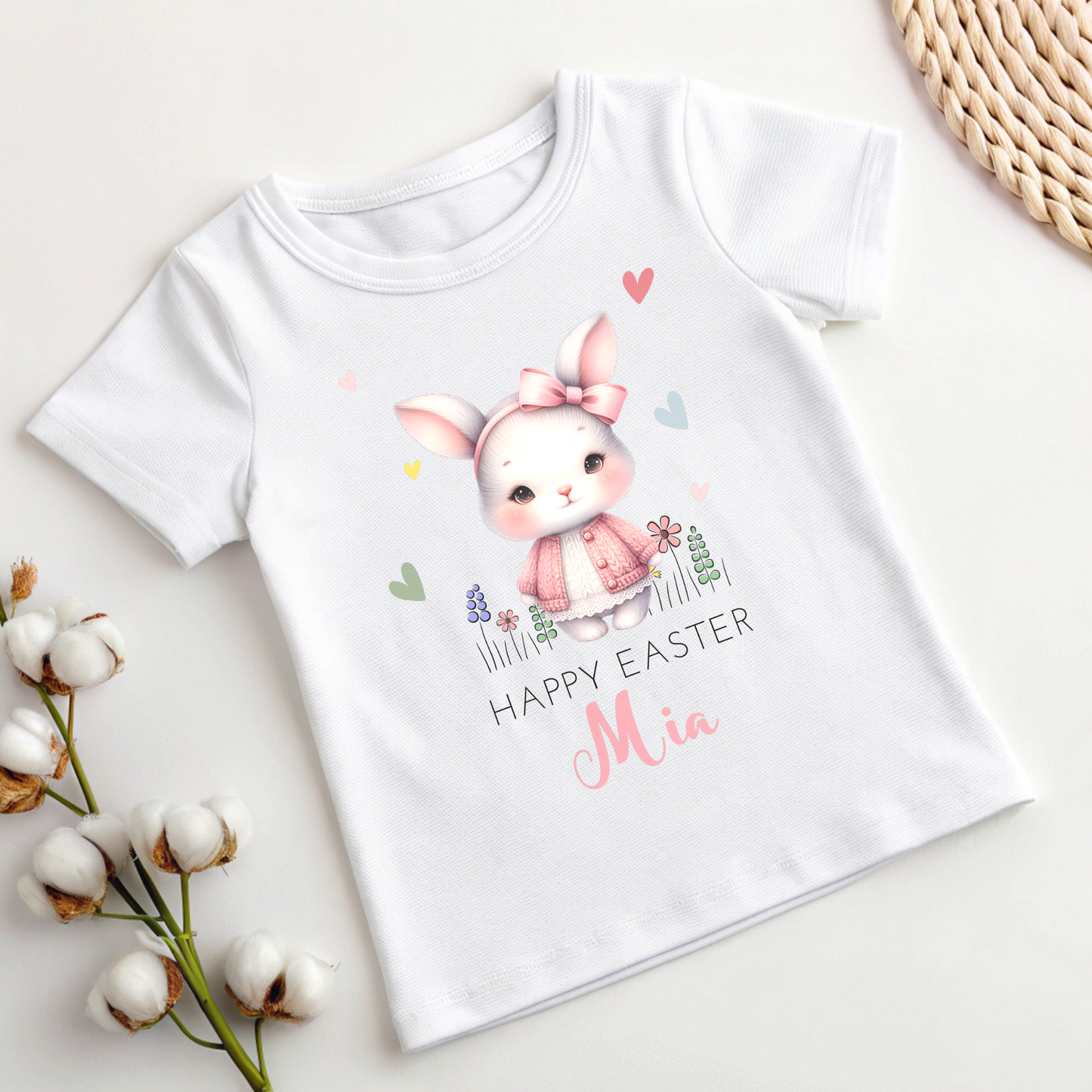Easter T-shirt: Cute Personalised White Bunny Tee for Girls, easter tshirt with name, kids easter tee, custom easter top