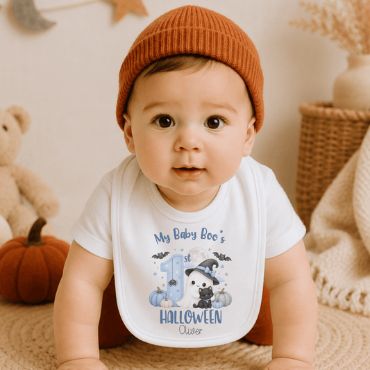 Personalised First Halloween Baby Outfit for boys featuring a cute Baby Boo ghost, black cat, pumpkins, bats and personalised 1st Halloween design.