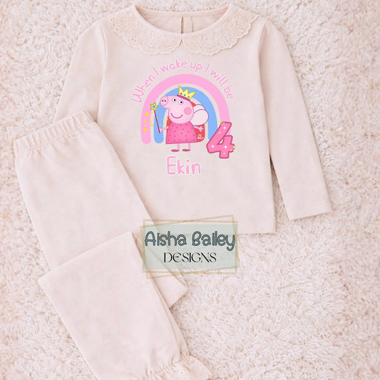Girls Personalised Peppa Pig Frilly Birthday Pyjamas with custom name and age, princess Peppa rainbow design on frilly collar girls pyjama set
