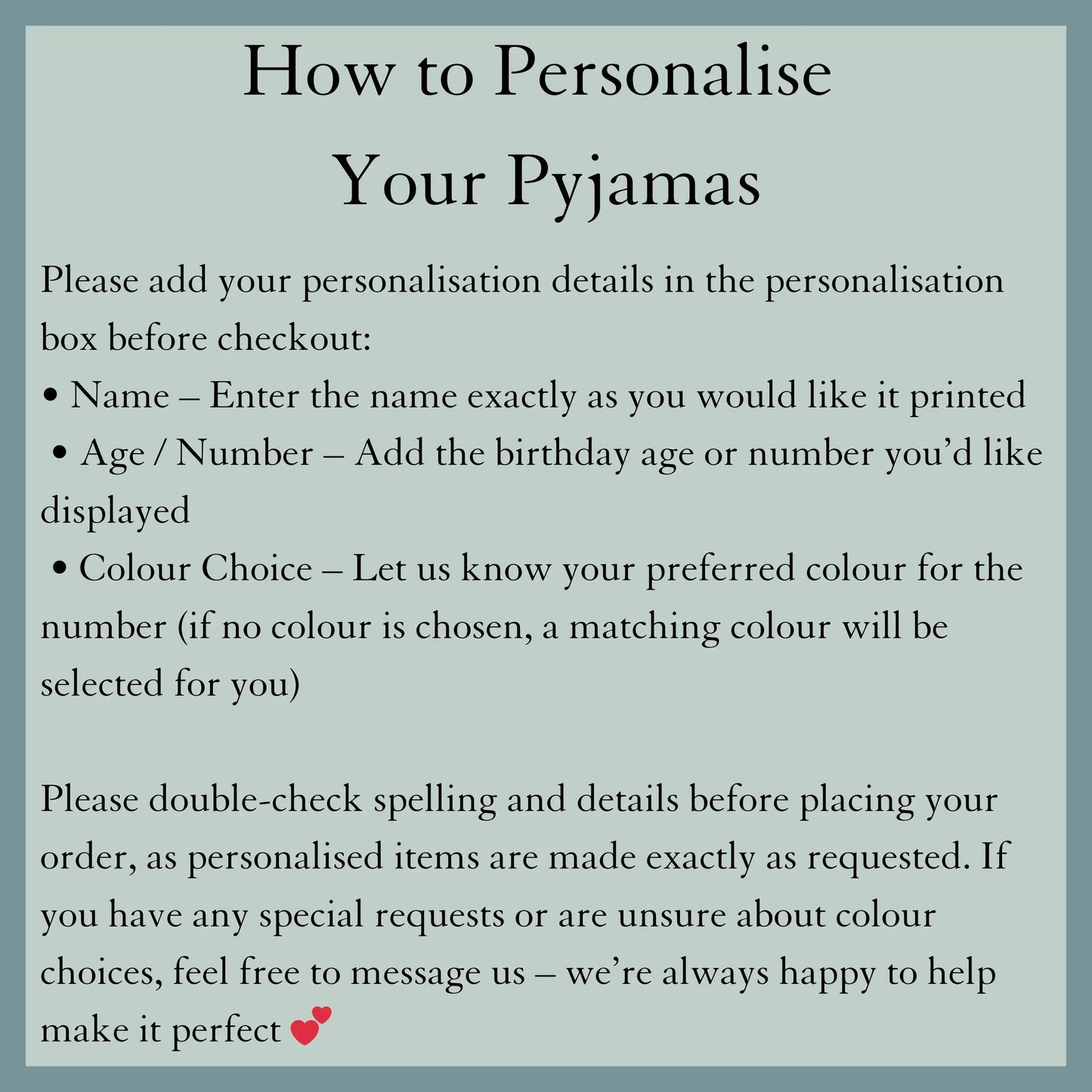 Instructions for personalizing pyjamas with text on a light blue background