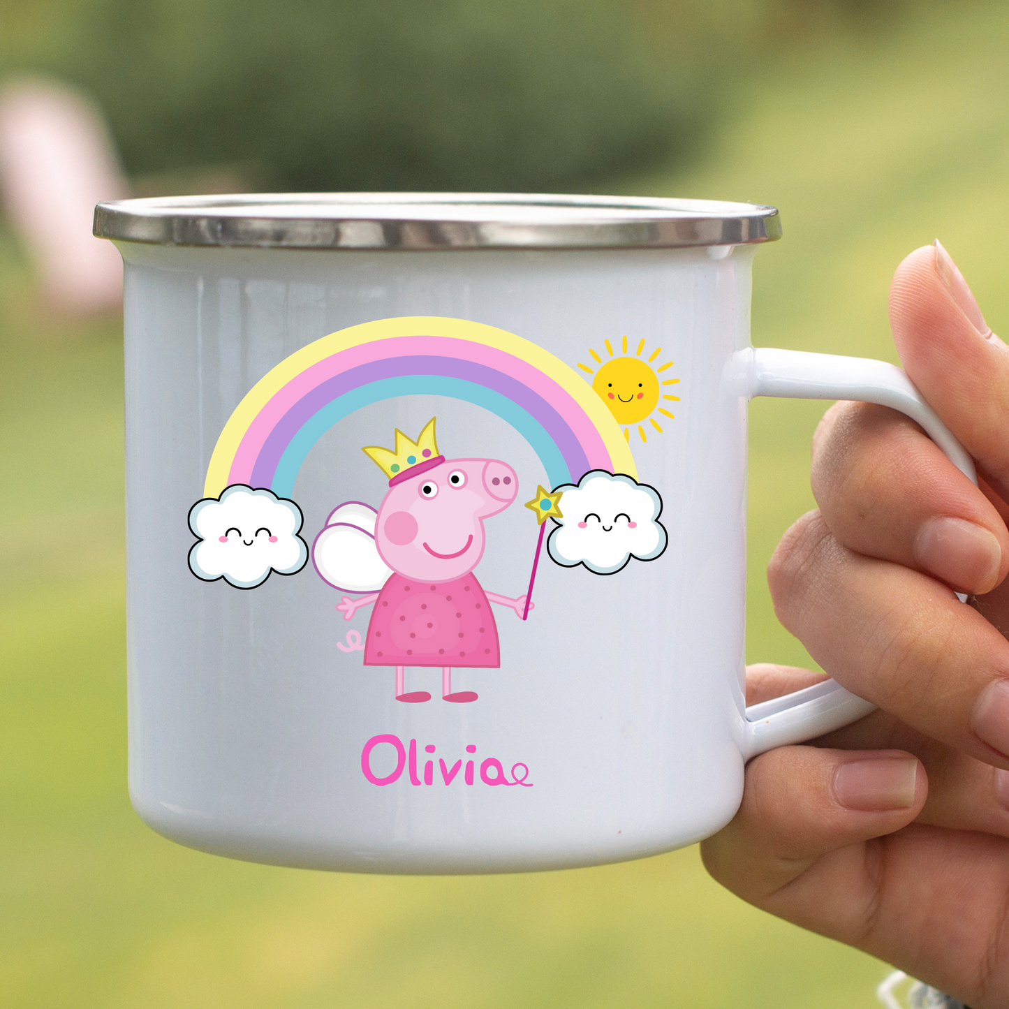 Peppa Pig Enamel Mug: White mug with peppa Pig Character and rainbow design perfect for toddler birthdays, christmas gift or stocking filler