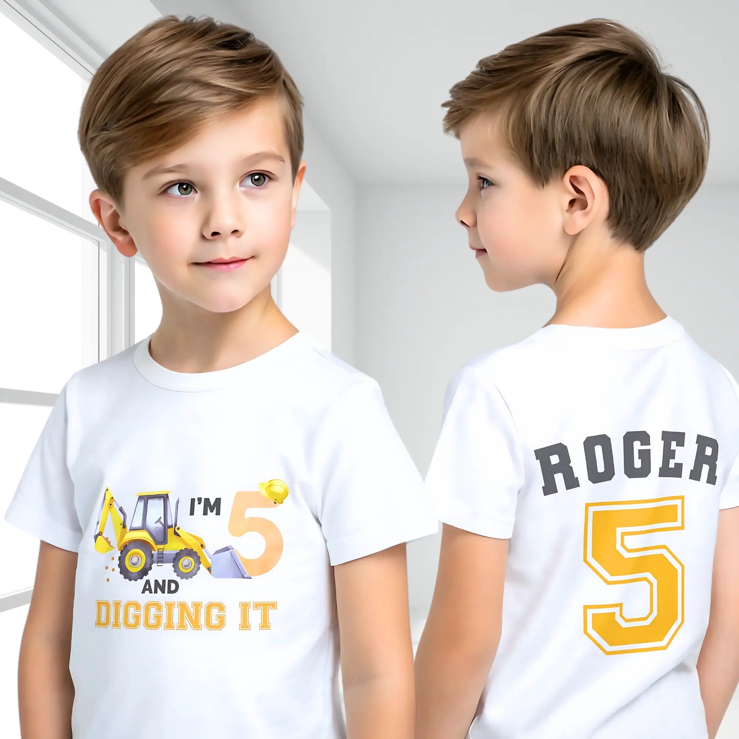 Excavator Digger Birthday T-Shirt: This white t-shirt features a vibrant yellow excavator graphic alongside the playful text “I am digging it,” with customizable age options to celebrate a birthday. The back is personalised with the boy name and age in bold yellow with a black outline. Ideal as a gift for a boy or toddler birthday or a construction-themed party.