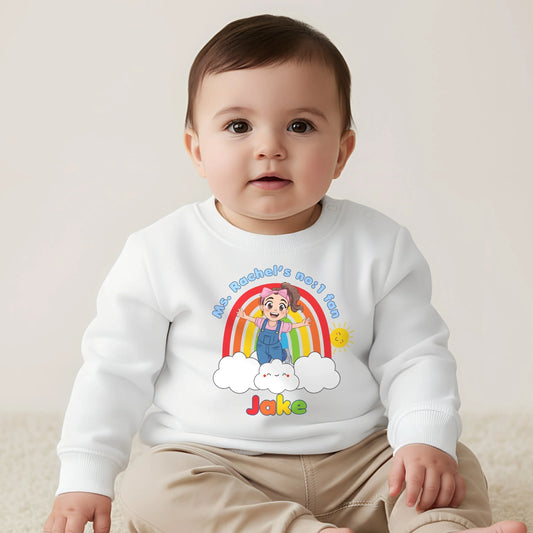 Boys Ms Rachel Sweatshirt: Personalised Ms Rachel birthday boy sweatshirt with rainbow, age number and child’s name