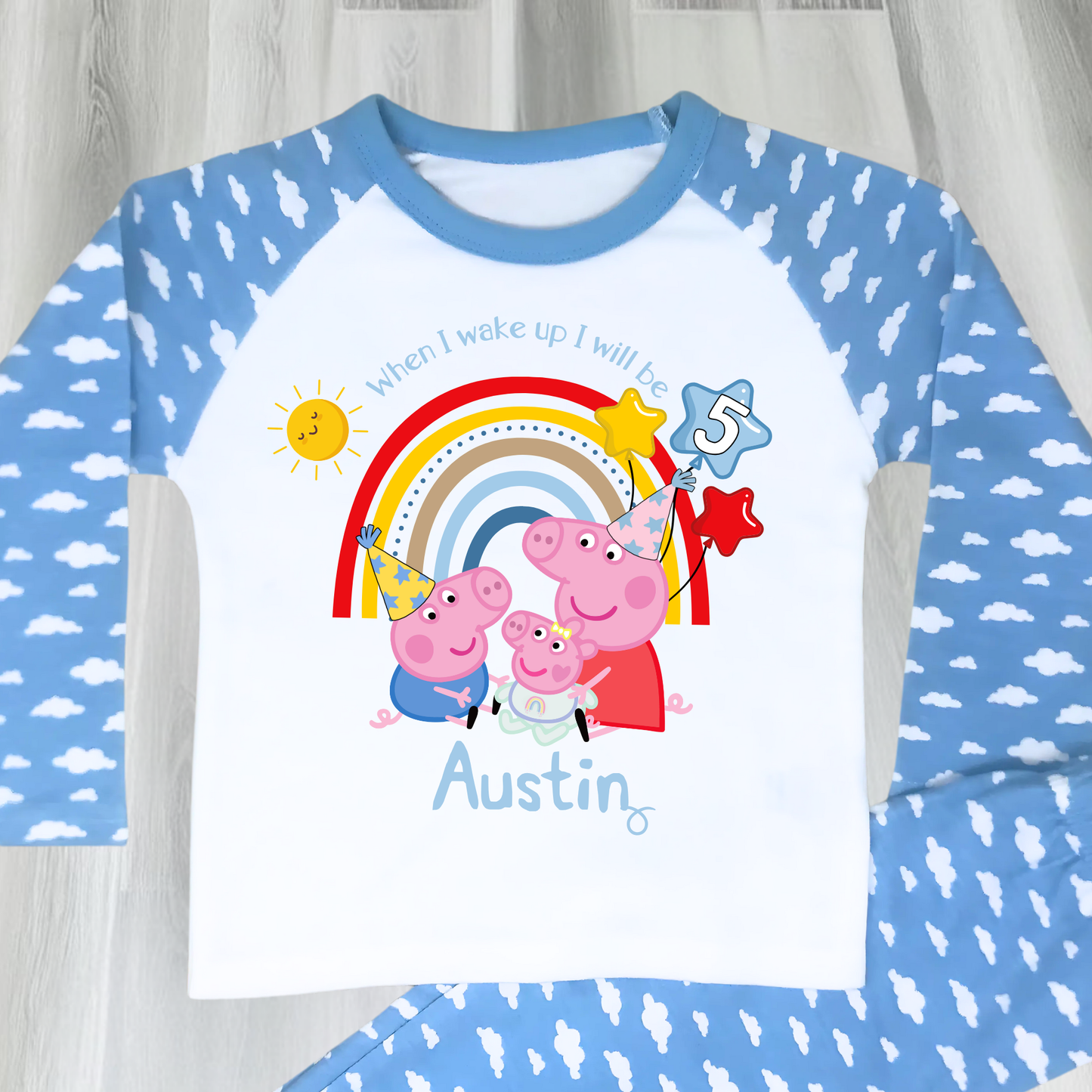 Personalized boys Peppa Pig Birthday Pyjamas featuring Peppa, George, and baby sister Evie; soft cotton; vibrant design; ideal birthday gift; peppa pigs sibling, peppa's baby sister