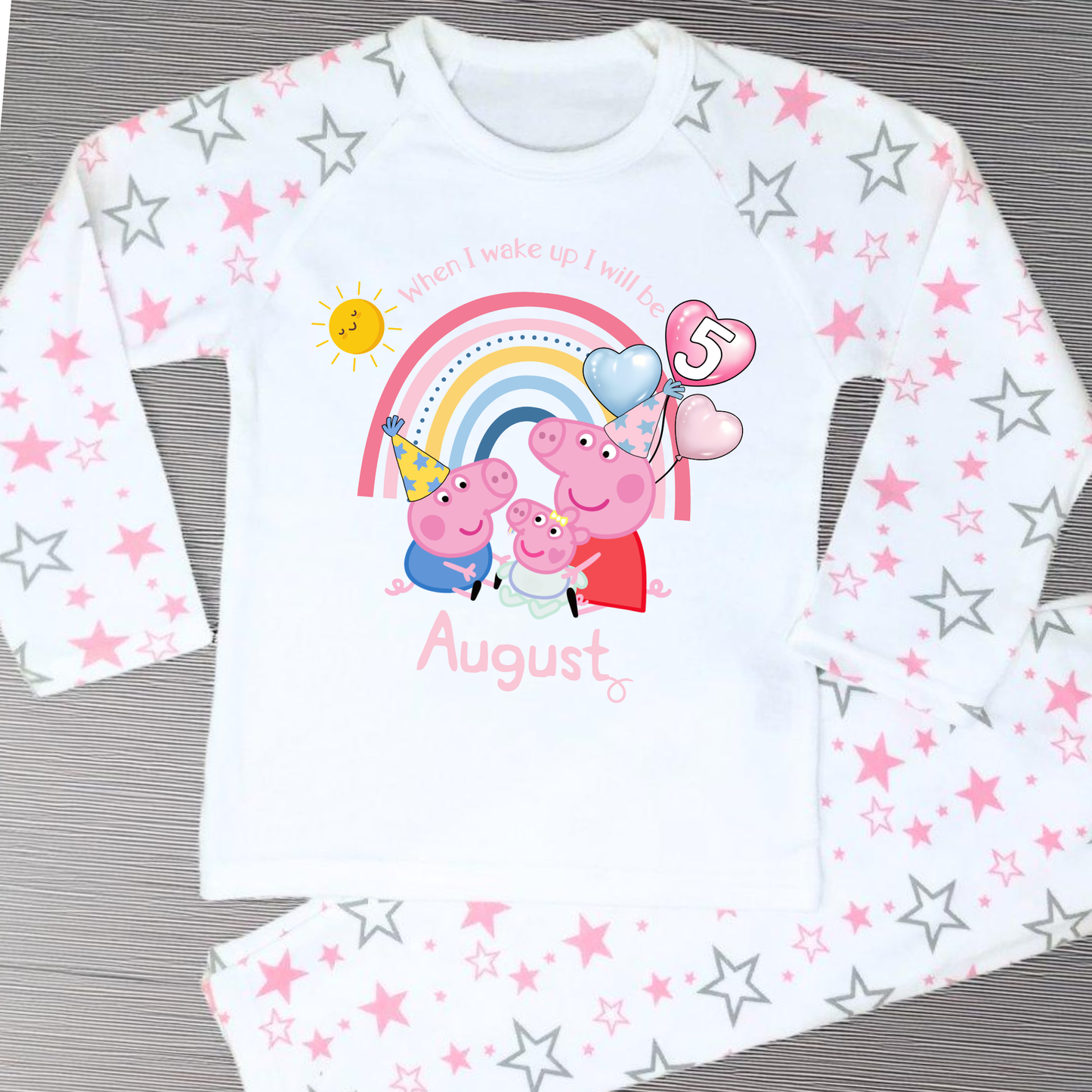Personalised girls Peppa Pig Birthday Pyjamas featuring Peppa, George, and baby sister Evie; soft cotton; vibrant design; ideal birthday gift; peppa pigs sibling, peppa's baby sister