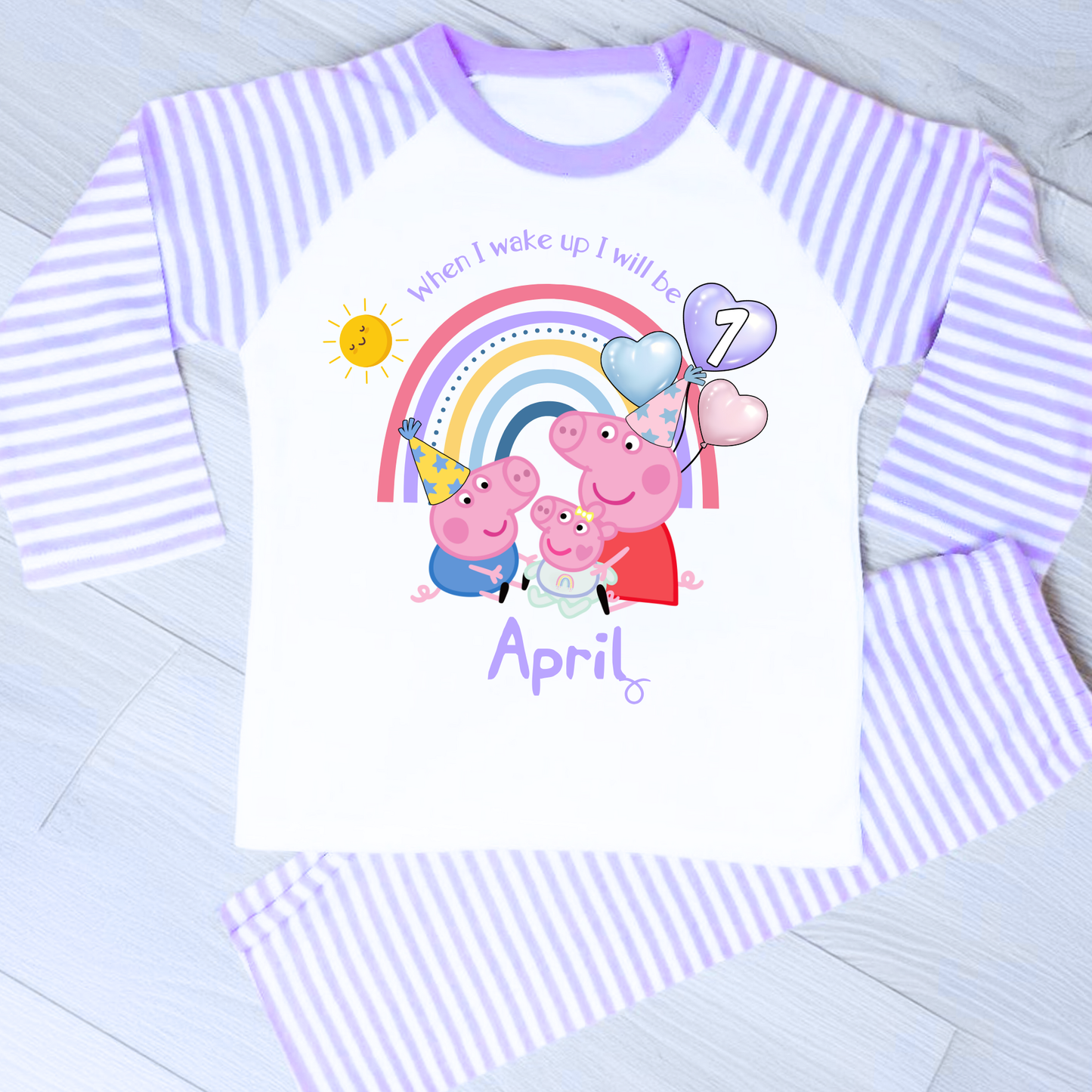 Personalised girls Peppa Pig Birthday Pyjamas featuring Peppa, George, and baby sister Evie; soft cotton; vibrant design; ideal birthday gift; peppa pigs sibling, peppa's baby sister