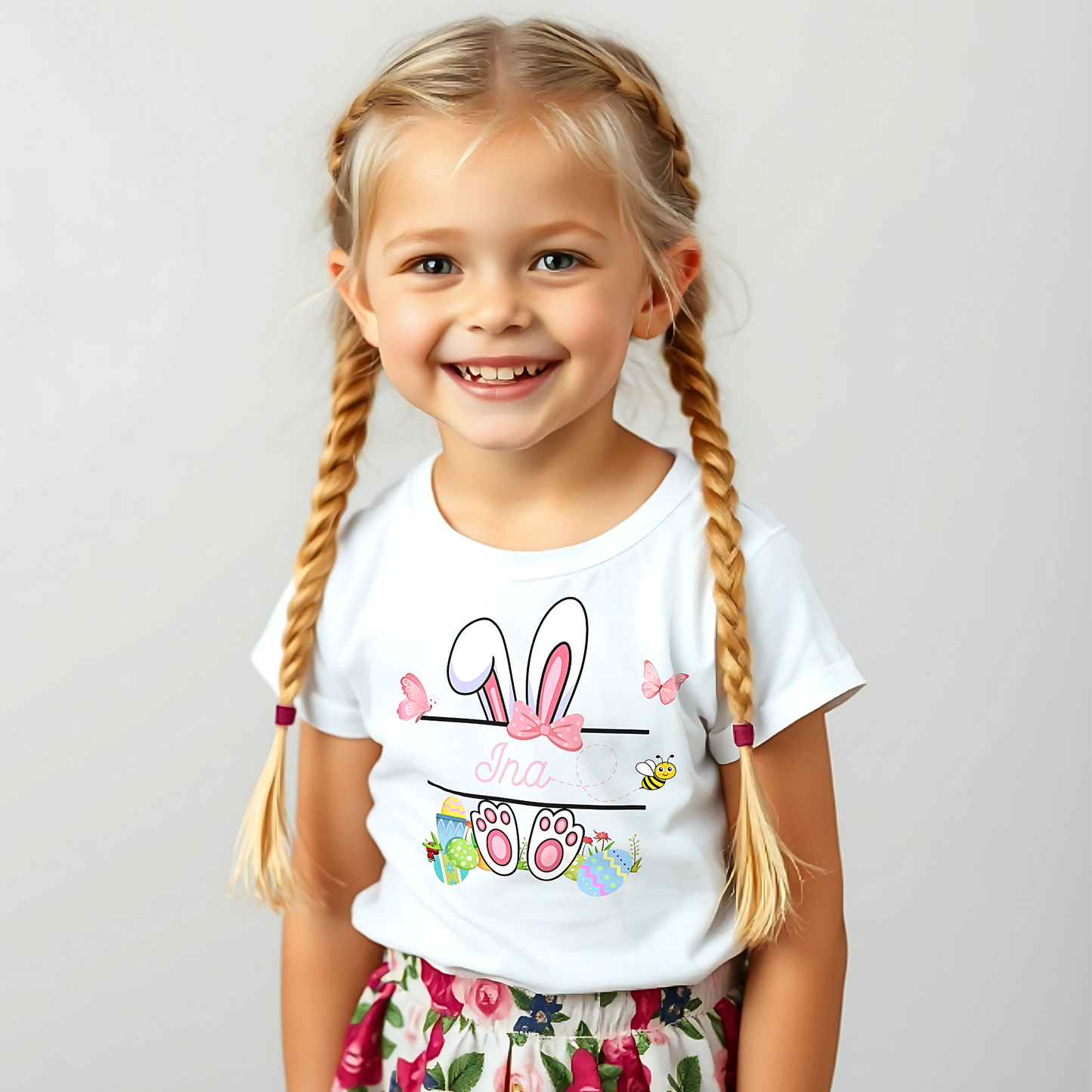 Easter T-shirt: Girls Personalised White Rabbit Split Monogram design, easter bunny tee, easter bunny personalised top, custom easter tee