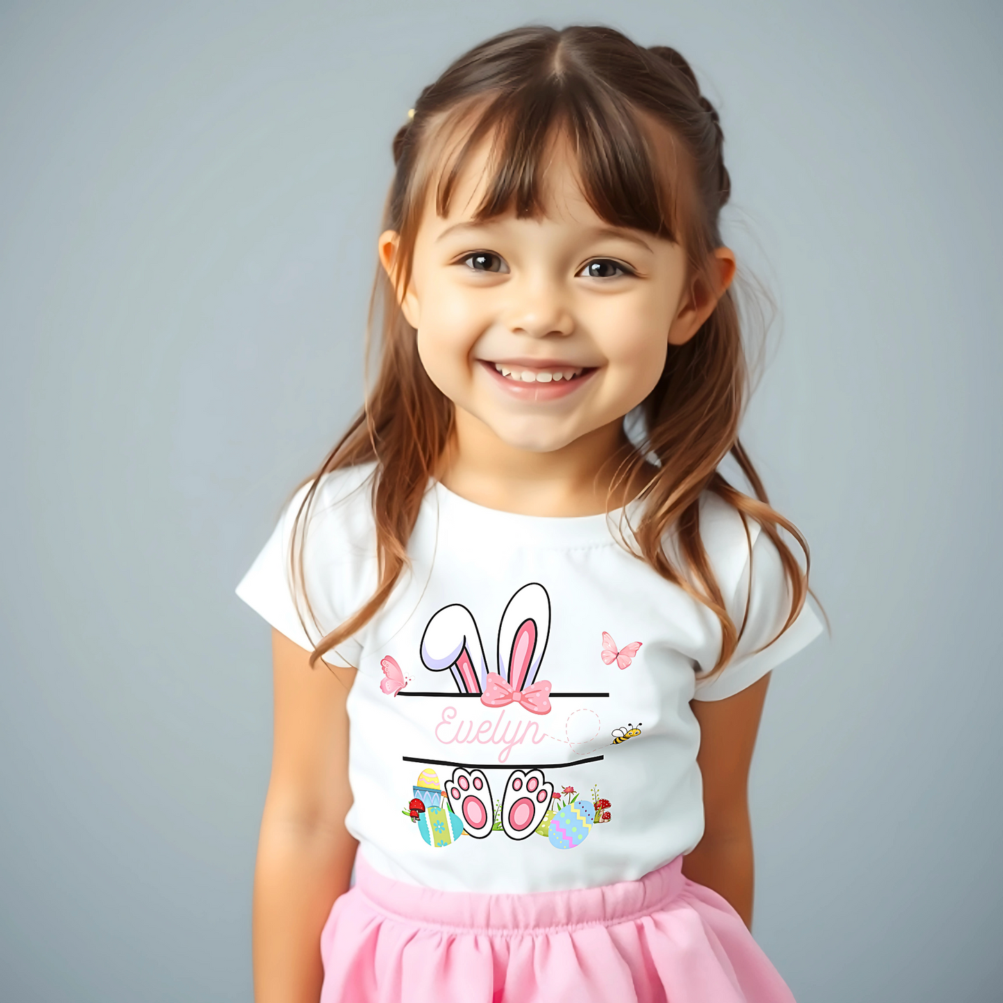 Easter T-shirt: Girls Personalised White Rabbit Split Monogram design, easter bunny tee, easter bunny personalised top, custom easter tee
