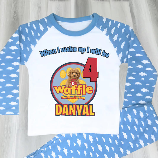 Waffle birthday pyjamas for boys with custom name and age: waffle the wonder dog