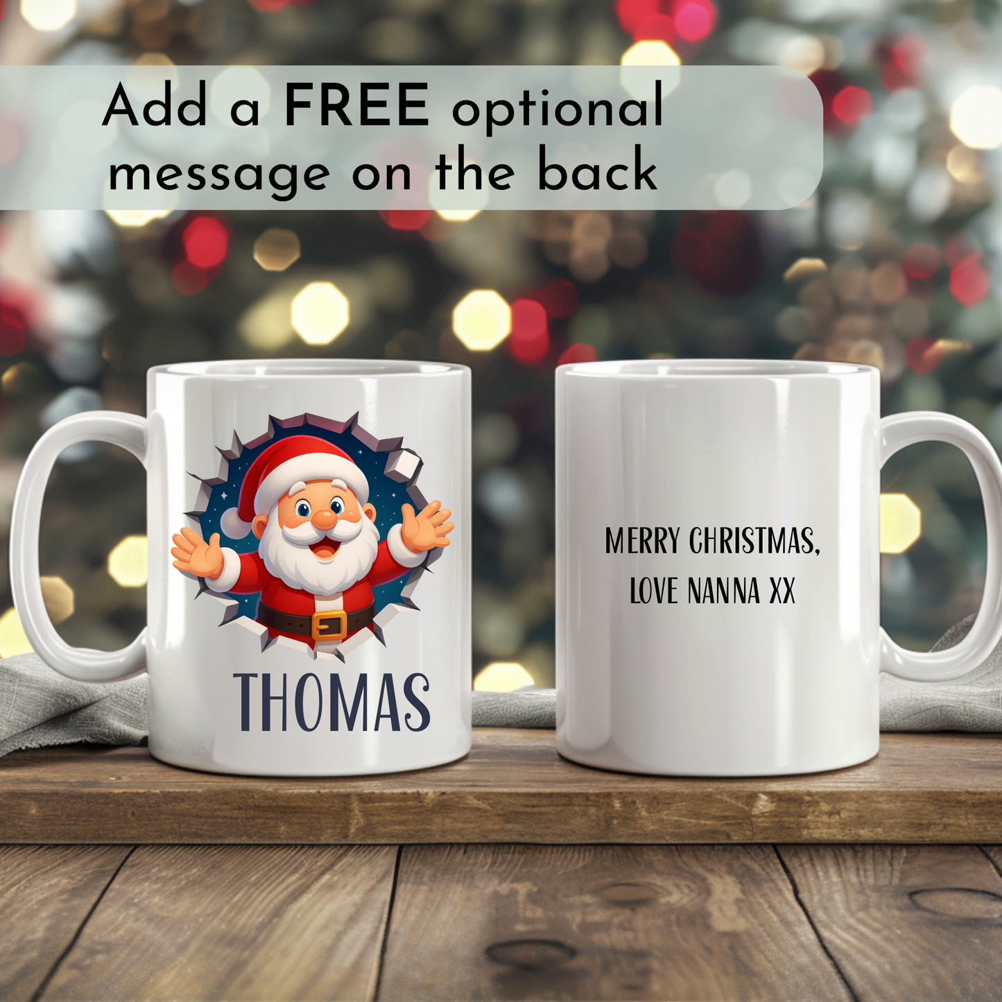 Personalised kids Christmas mug with Santa Claus breakout design and custom name, stocking filler mug, kids christmas gift