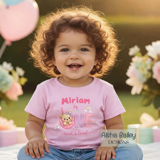 Personalised 1st Birthday t-shirt, Personalised first birthday t-shirt with custom name, pastel teddy design, baby wearing birthday shirt at cake smash celebration