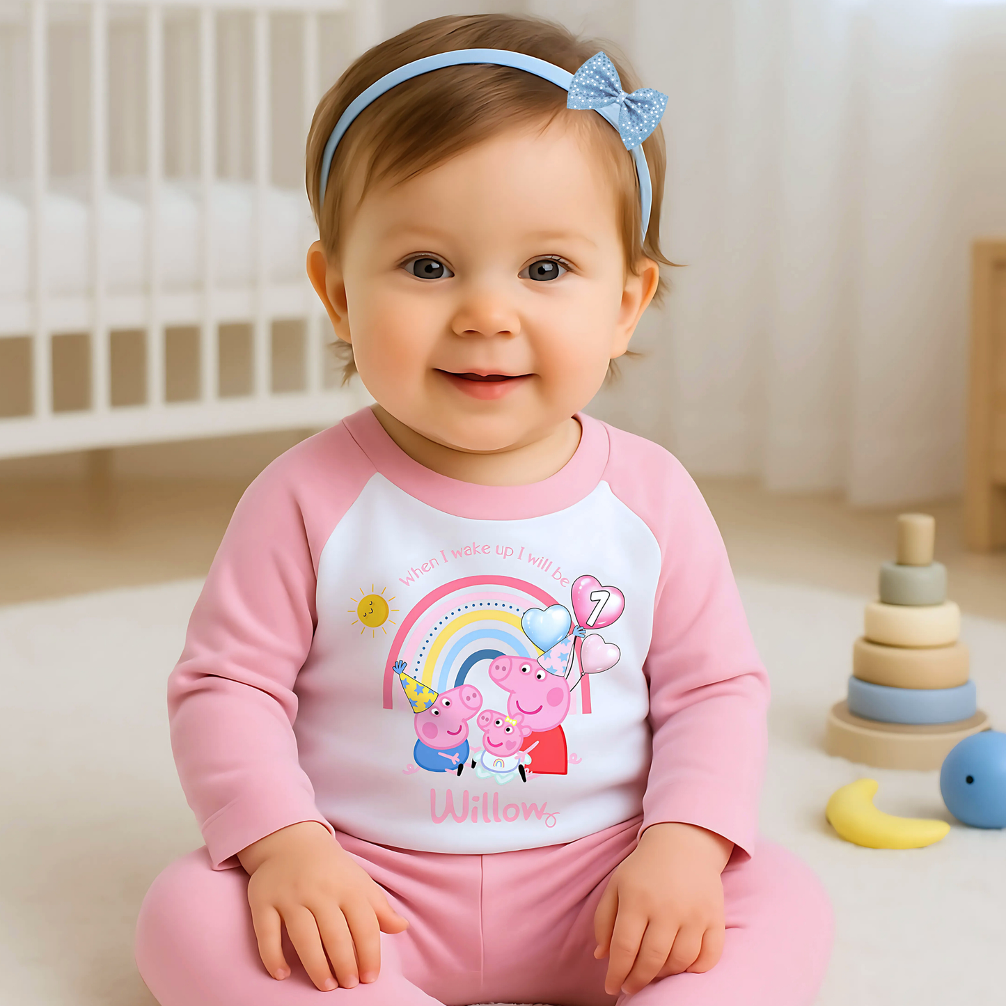 Personalised girls Peppa Pig Birthday Pyjamas featuring Peppa, George, and baby sister Evie; soft cotton; vibrant design; ideal birthday gift; peppa pigs sibling, peppa's baby sister