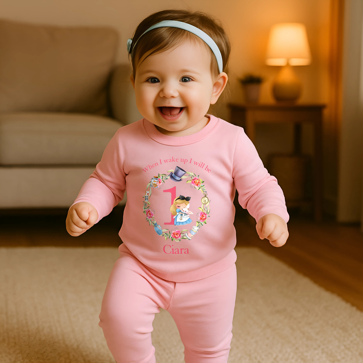 Personalised First Birthday Pyjamas: Personalised Baby Girl's First Birthday Alice Floral Wreath Pyjamas, Custom 1st Birthday Outfit for Toddlers, When I Wake Up I Will Be One