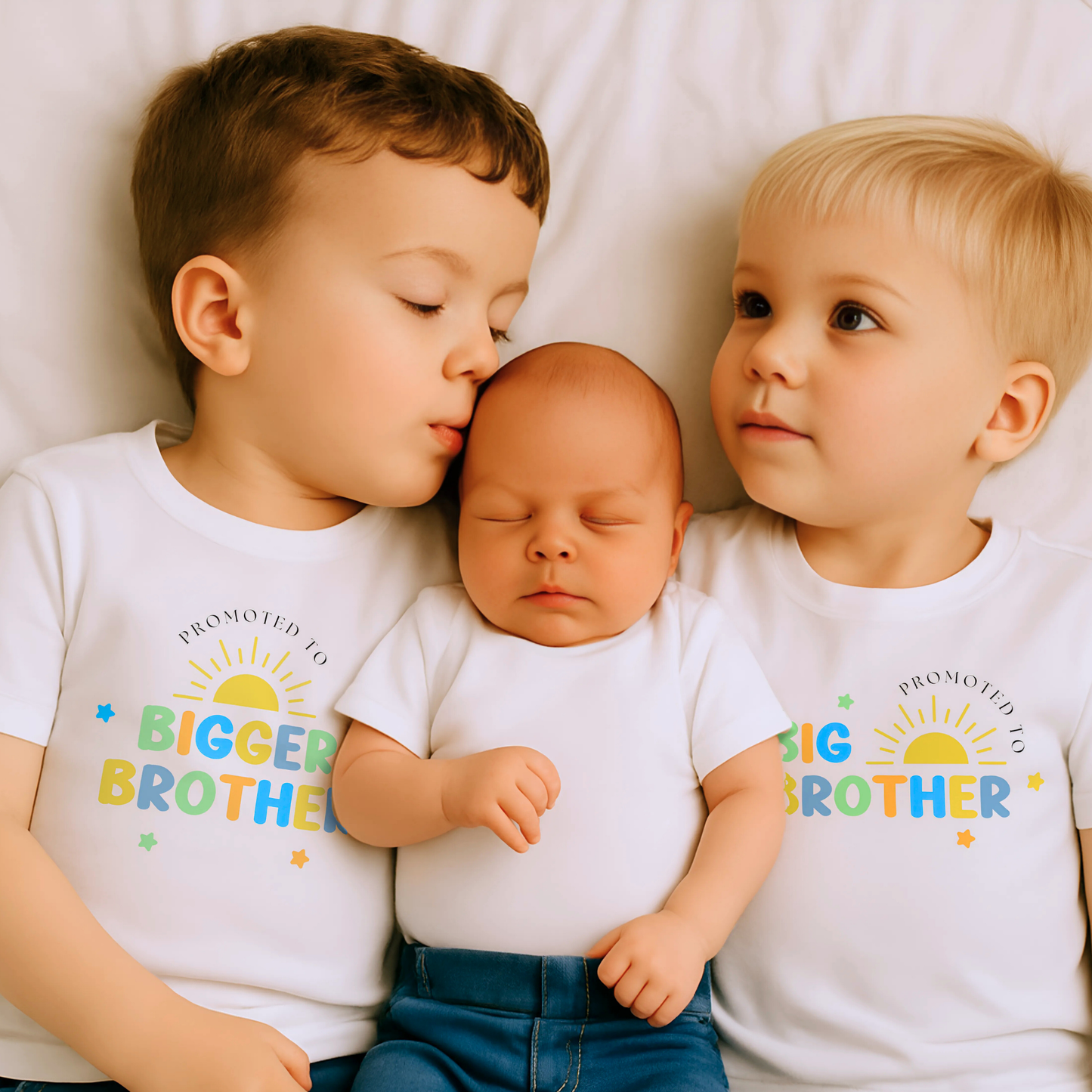 Promoted to Big Brother T-shirt: A boys personalised promoted to big brother pregnancy announcement t-shirt featuring the phrase "I am going to be a Big Brother" in vibrant rainbow colours. This is designed to celebrate a big or bigger brother role. Customisable with a special date, it serves as a keepsake for capturing precious sibling moments and marking the start of a new journey. Perfect for sharing the exciting news with family and the world. Matching Sibling, Big Brother Shirt