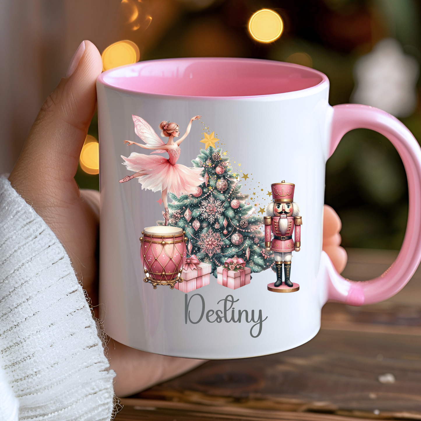 Girls Christmas Mug with Nutcracker and Ballerina design, personalised with name, Girl personalised Christmas gift, stocking filler, Christmas Eve box