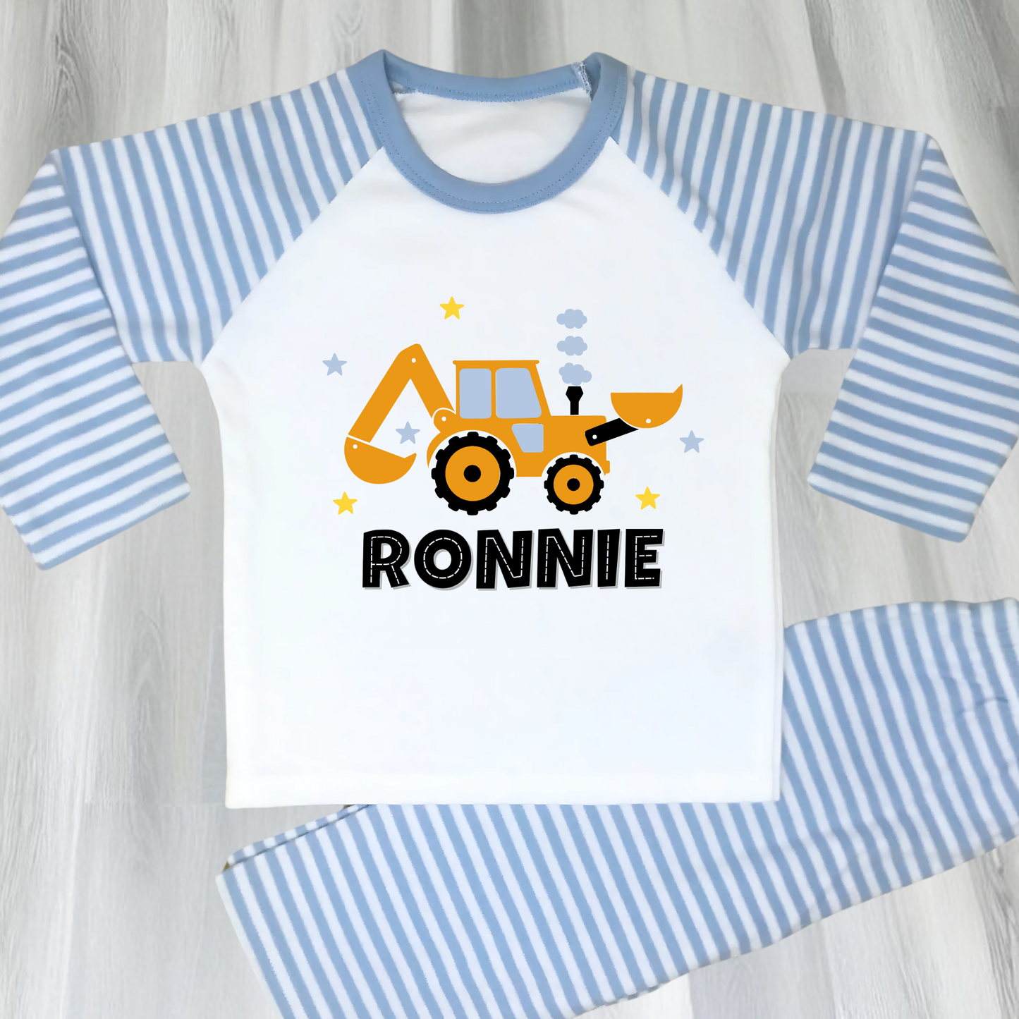 personalised digger pyjamas, boys tractor pyjamas with name, personalised toddler pyjamas, toddler birthday ideas,