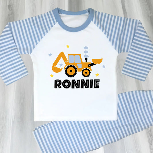 personalised digger pyjamas, boys tractor pyjamas with name, personalised toddler pyjamas, toddler birthday ideas,