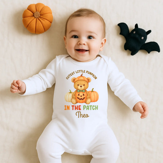 Baby’s First Halloween personalised pumpkin outfit for baby girl with teddy bear, pumpkins and Cutest Pumpkin in the Patch design.