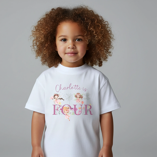 Personalised fairy birthday outfit for girls featuring custom name, chosen age, fairy garden artwork and floral design, perfect for birthday celebrations and photoshoots.