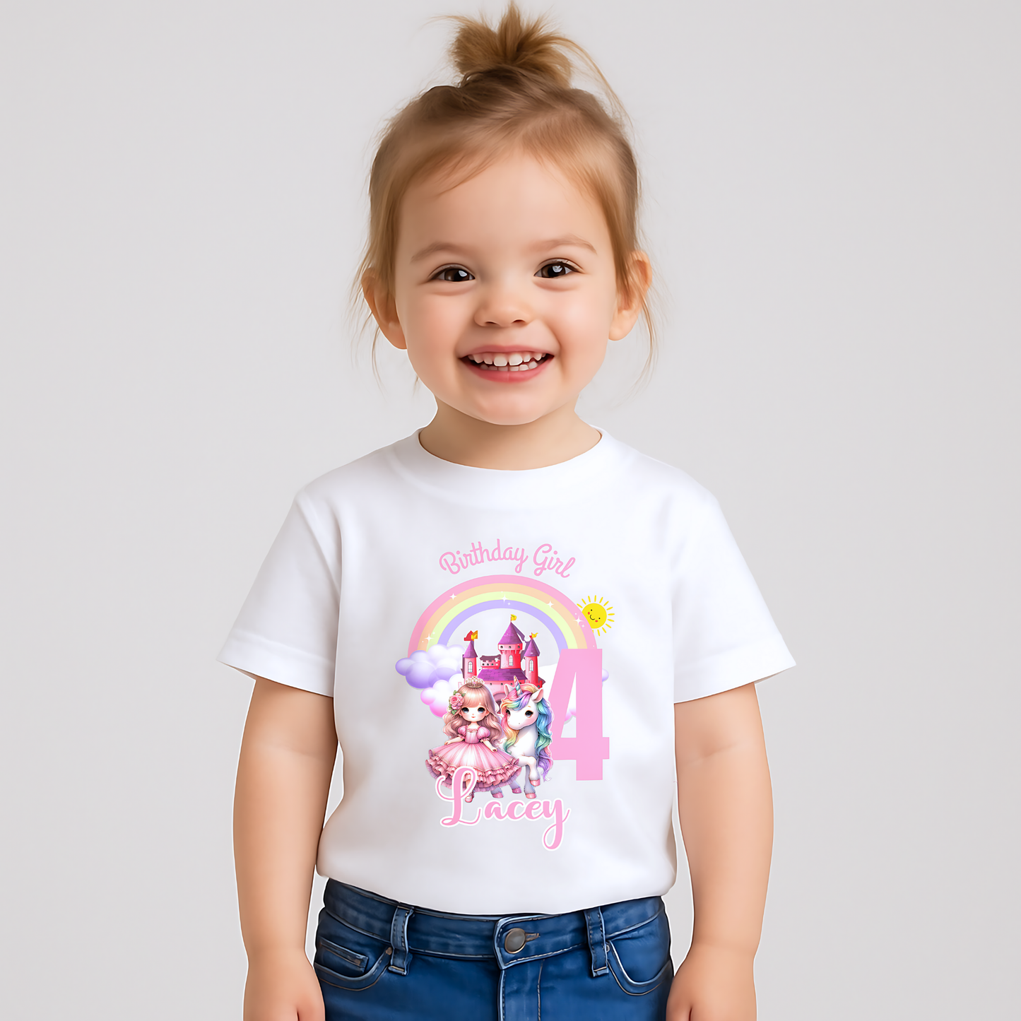 Princess Unicorn Birthday T-Shirt: A white T-shirt featuring a whimsical design of a Princess, unicorn and rainbow, perfect for a girl's birthday celebration. The shirt is personalized with the child's name, offering a unique keepsake. It's crafted from soft, high-quality fabric for comfort and style, making any young girl feel like a princess on her special day. Perfect princess gift, personalised princess tee, custom name shirt, Birthday Girl Princess tshirt.