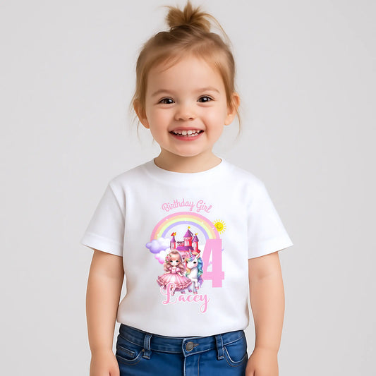 Princess Unicorn Birthday T-Shirt: A white T-shirt featuring a whimsical design of a Princess, unicorn and rainbow, perfect for a girl's birthday celebration. The shirt is personalized with the child's name, offering a unique keepsake. It's crafted from soft, high-quality fabric for comfort and style, making any young girl feel like a princess on her special day. Perfect princess gift, personalised princess tee, custom name shirt, Birthday Girl Princess tshirt.
