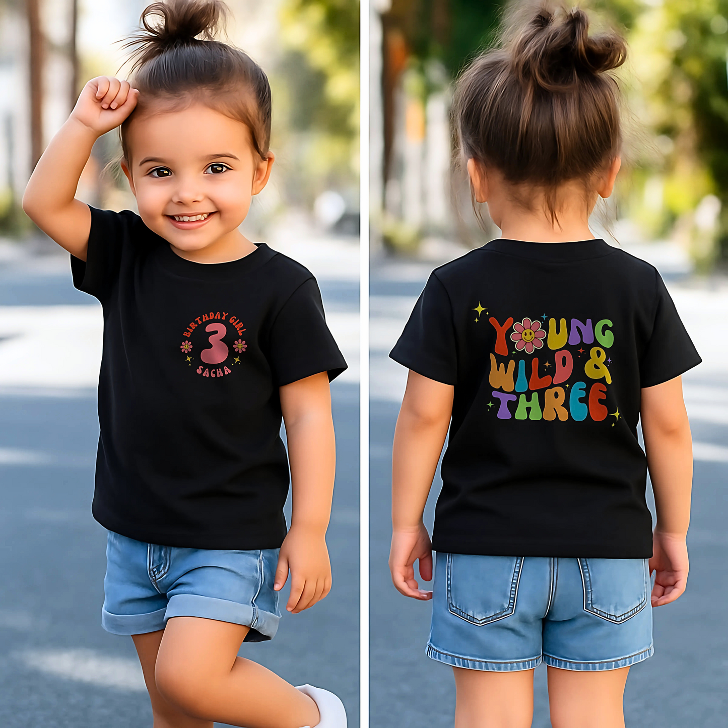 Young Wild and three birthday t-shirt: A girls' birthday T-shirt with a "Young Wild and Three" theme, showcasing a groovy retro style. The front features whimsical retro emojis and the words "birthday girl" alongside a customisable name on the left breast. The back displays bold retro fonts and graphics for a nostalgic touch. Made from soft, high-quality fabric, this vibrant and playful tee is designed for comfort and style, perfect for third birthdays.