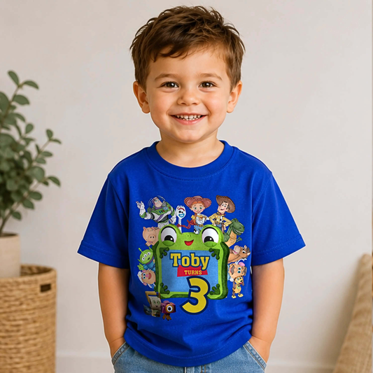 Personalised Toy Story 5 Birthday T-Shirt for Boys featuring a smiling boy and colorful characters.