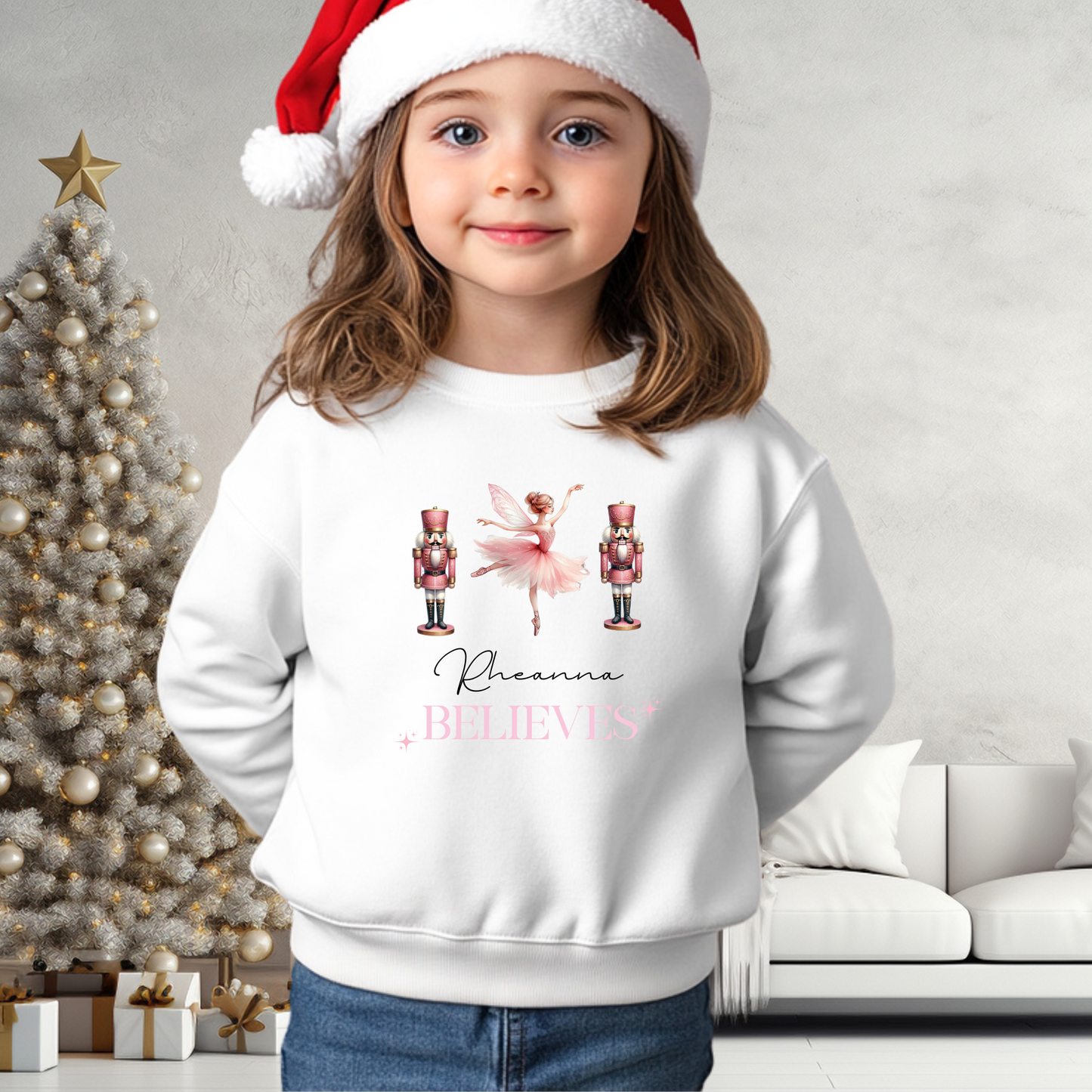 Custom Christmas Sweatshirt, girls pink nutcracker ballerina christmas jumper with personalisation