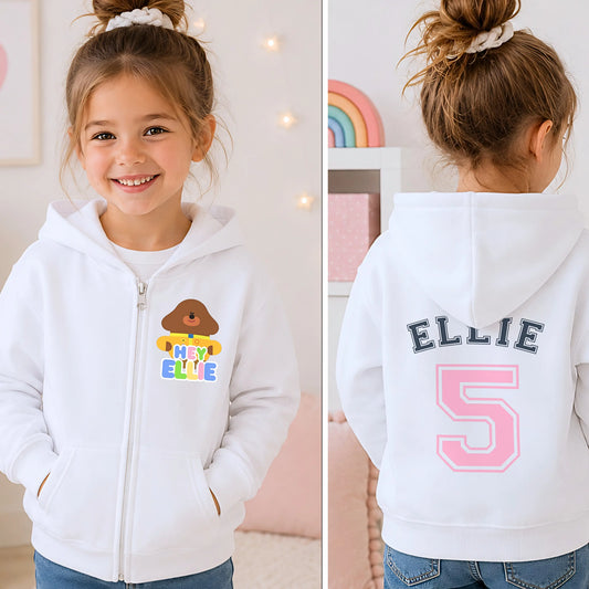Personalised Hey Duggee Birthday Hoodie for Girls with Back Design AishaBaileyDesigns