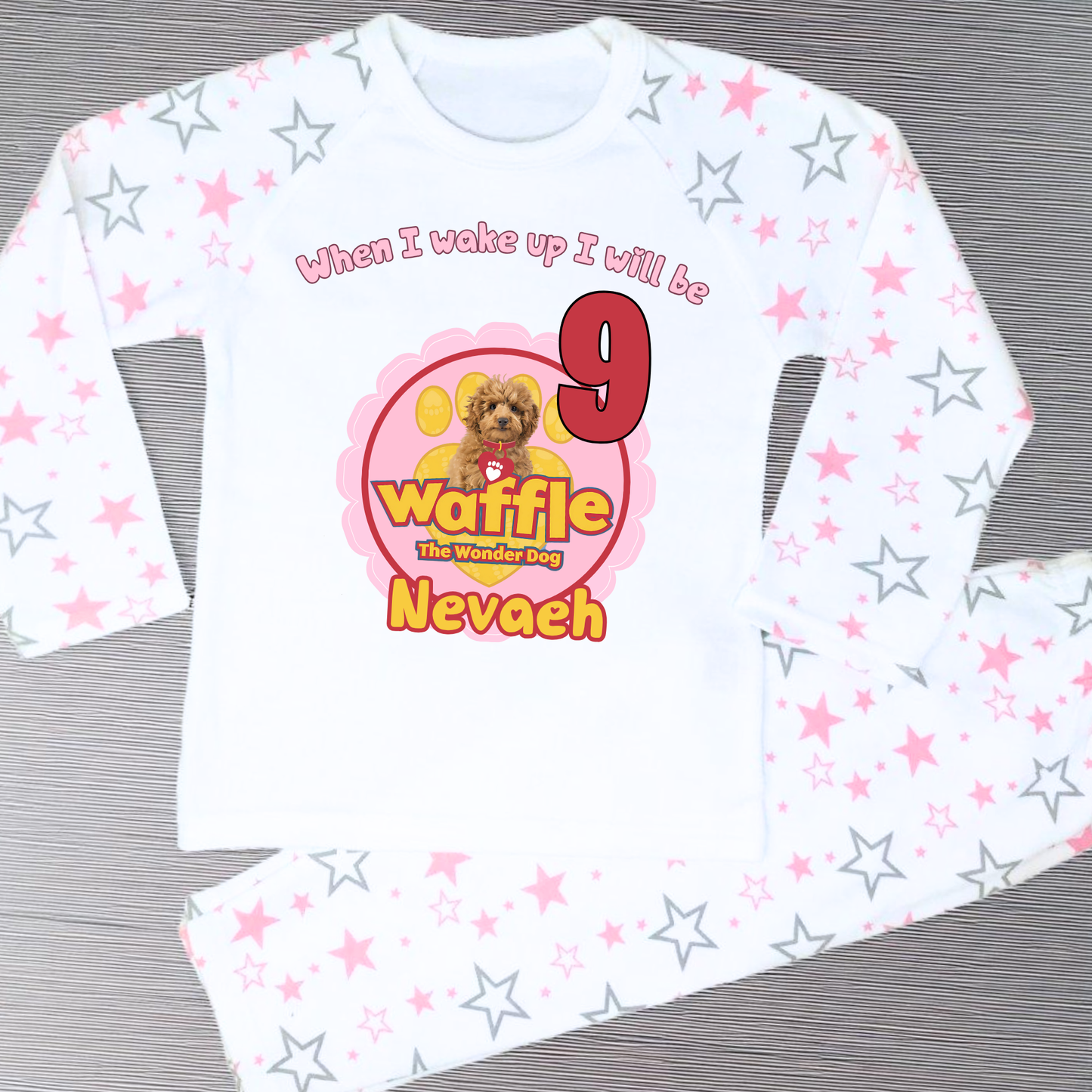 waffle birthday pyjamas, when i wake up waffle, girls waffle the wondedog, custom name pyjamas