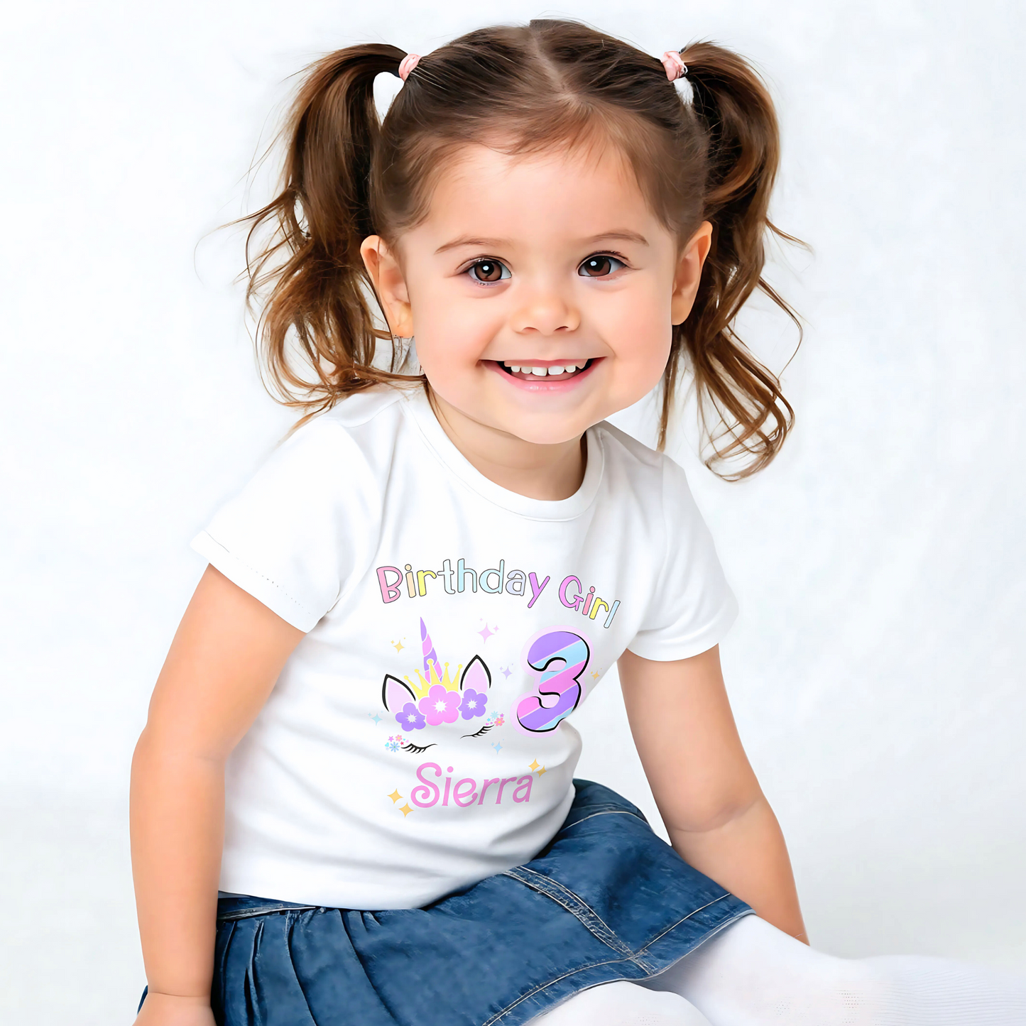 Unicorn Birthday T-shirt for girls, A personalised birthday t-shirt for girls, featuring a pink and purple unicorn design. The t-shirt is customisable with the child's name and age, making it a perfect birthday gift. The vibrant colours and whimsical unicorn imagery make it an ideal choice for a toddler celebrating her special day. The t-shirt is available in white, blue and pink.