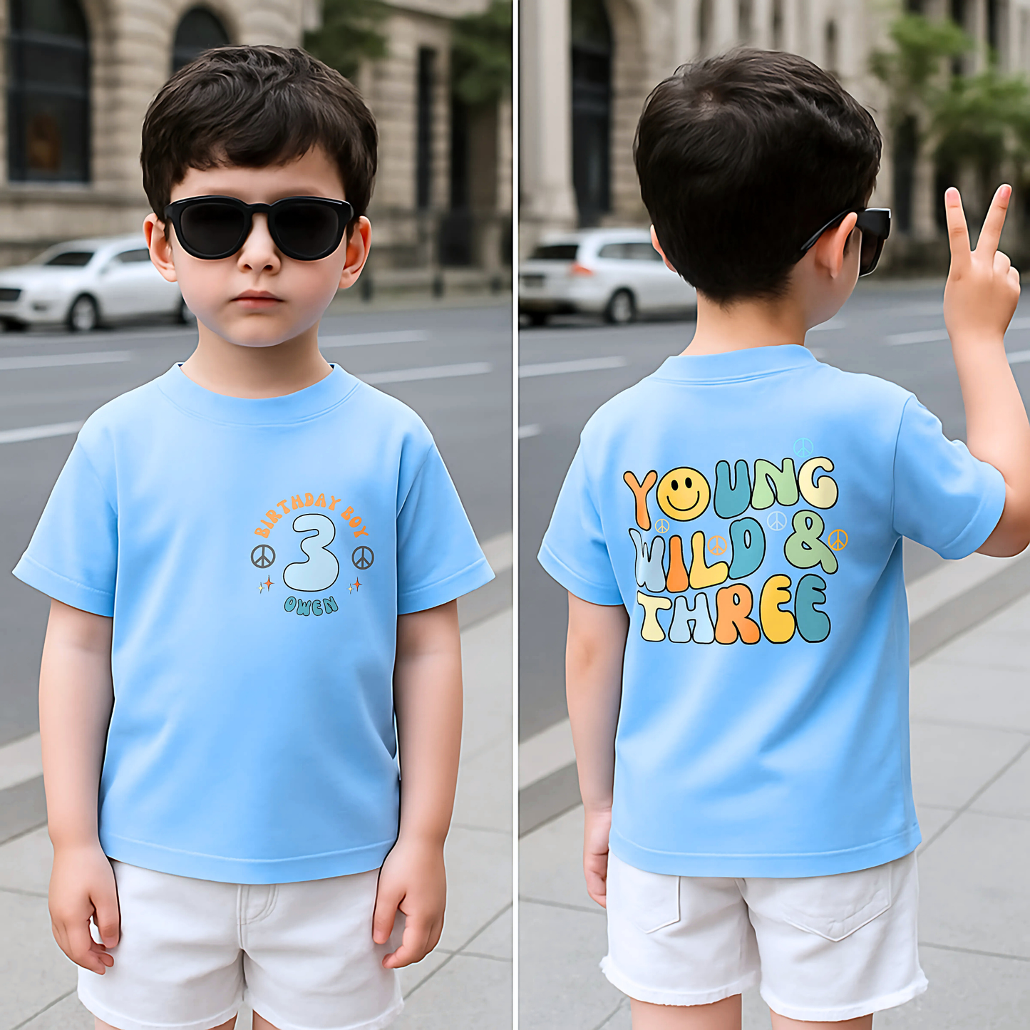 oung Wild and three birthday t-shirt: A boys birthday T-shirt with a Young Wild and Three theme, showcasing a groovy retro style. The front features whimsical retro emojis and the words birthday boy alongside a customisable name on the left breast. The back displays bold retro fonts and graphics for a nostalgic touch. Made from soft, high-quality fabric, this vibrant and playful tee is designed for comfort and style, perfect for third birthdays.