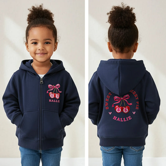 Personalised Girls Birthday Hoodie – Sweet Like Cherry Pie Zip Up Hoodie AishaBaileyDesigns